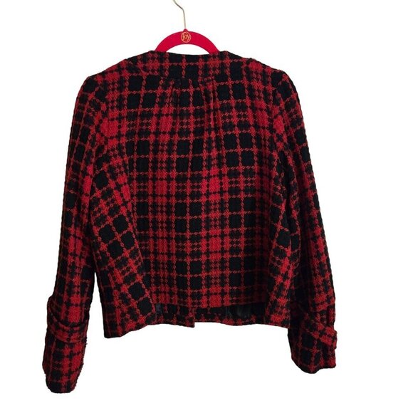 Oleg Cassini Vintage Red Black Plaid Wool Blend Jacket Size L - Picture 2 of 7